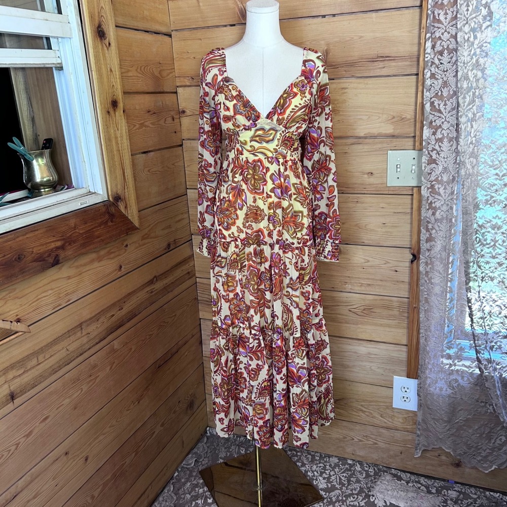 Paisley Maxi Dress Womens Small Multi Color Boho Tiered Ruffle V Neck Japna